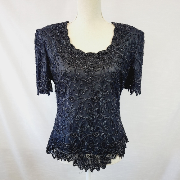 Vintage Black Beaded Top size Large - Picture 1 of 8